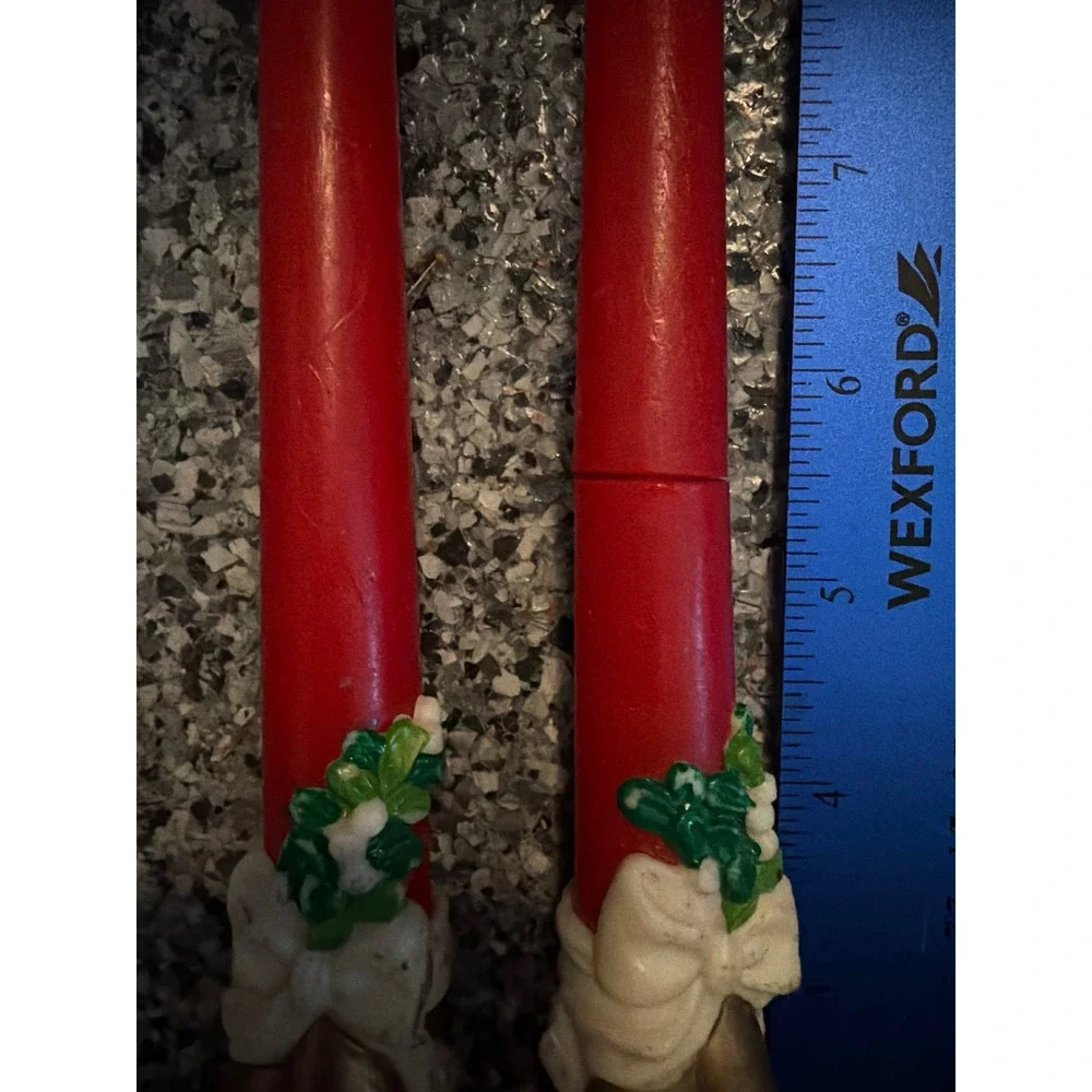 Vintage Red Christmas Taper Candles Set of 2 Gold Bells Holly Wax Relief 10in
